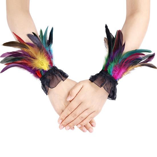 Women's Feather Wrist Cuffs Gothic Feather Fingerless Gloves Wristband Mesh Cuff for Halloween Cosplay Costume Accessories