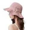Fisherman Hat with Flower Detail, Wide Brim Glitter Bucket Hat, Knit Design Adjustable Drawstring Knit Hat, Lightweight Sun Hat for Travel Beach