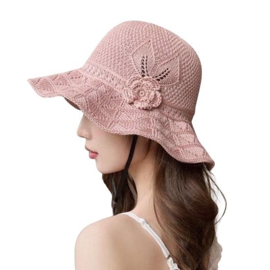 Fisherman Hat with Flower Detail, Wide Brim Glitter Bucket Hat, Knit Design Adjustable Drawstring Knit Hat, Lightweight Sun Hat for Travel Beach