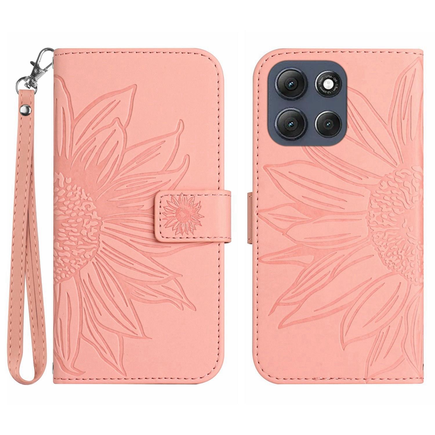 

For Motorola Moto G56 5G Case Sunflower Imprint Leather Wallet Phone Cover with Wrist Strap Pink