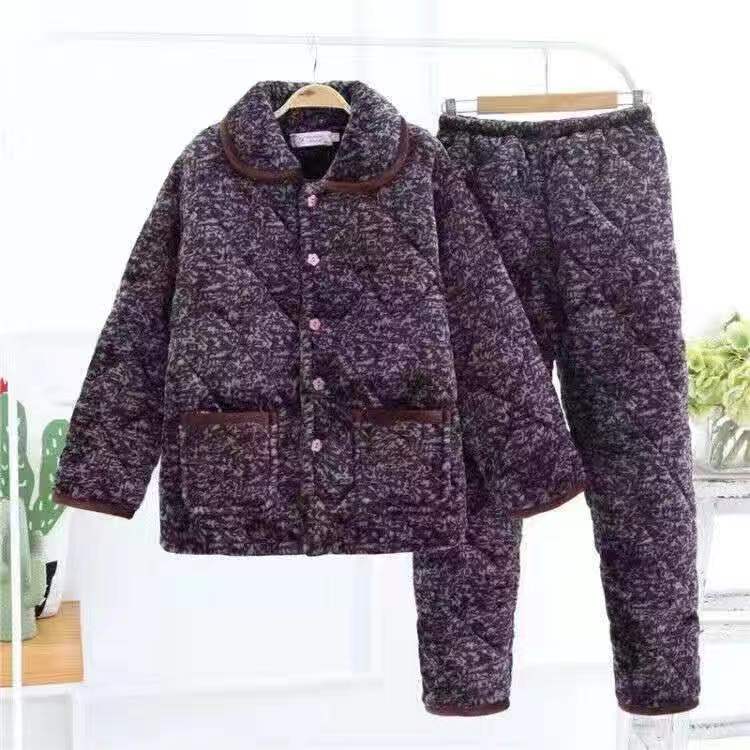 Middle Aged Elderly People Coral Velvet Pajamas Suit Winter Three Layer Thick Warm Women Plush Cotton Jacket Pants Two PCS Women