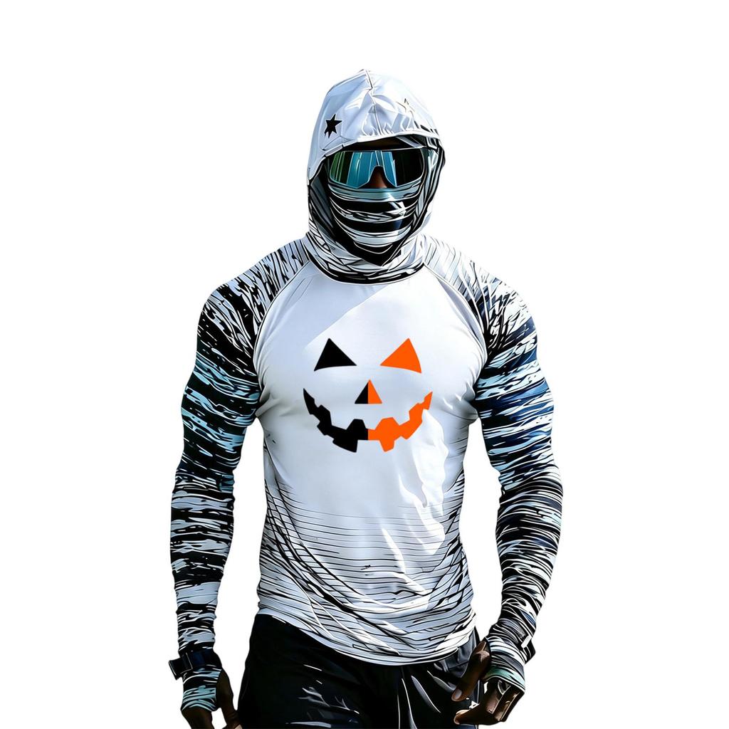 Men's Long Sleeve Hooded Sun Top with Color Block Raglan Sleeves Halloween Print