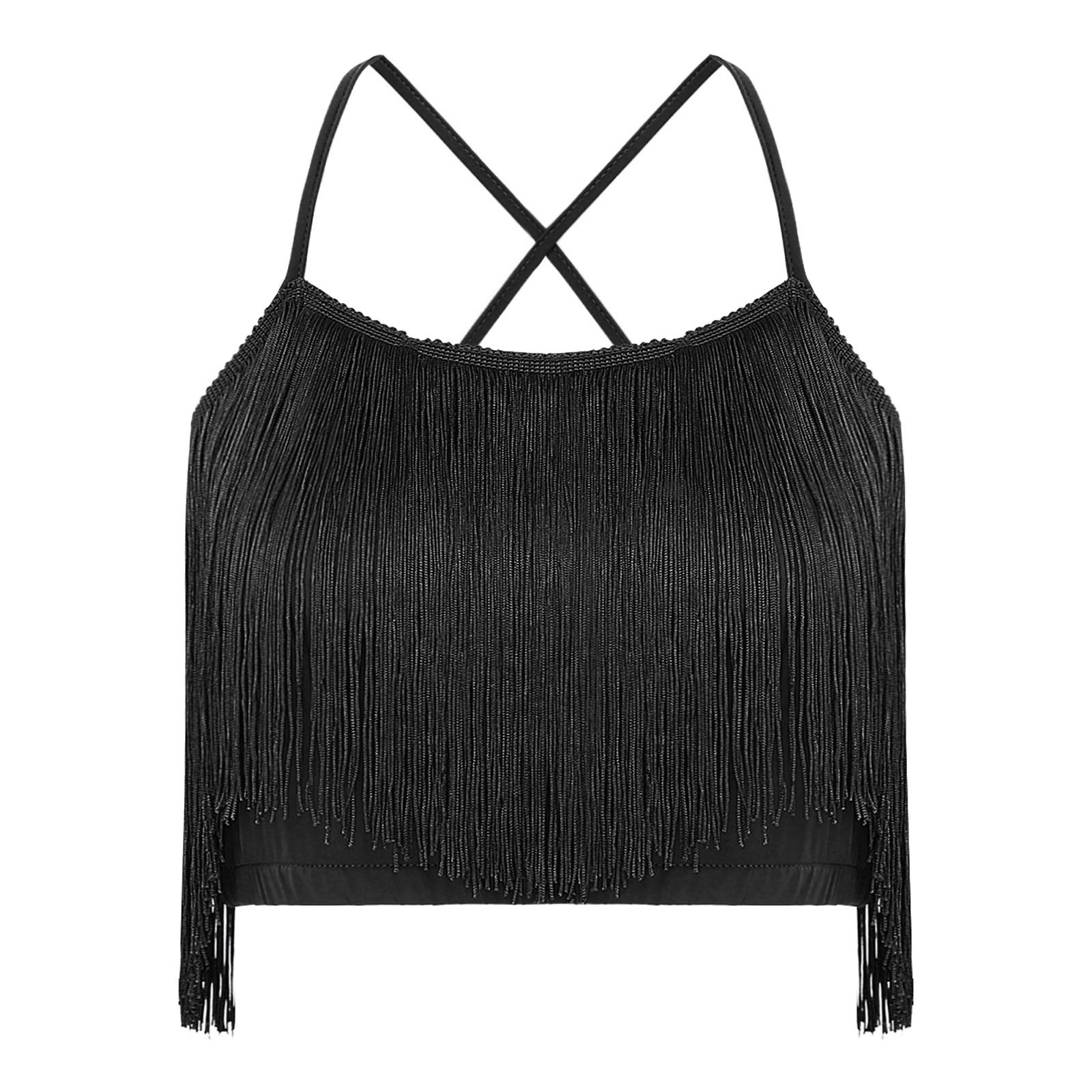 

Women Latin Dance Top Sleeveless Spaghetti Straps Cross Back Tassels Crop Cha Cha Practice Stage Performance Wear M чорний