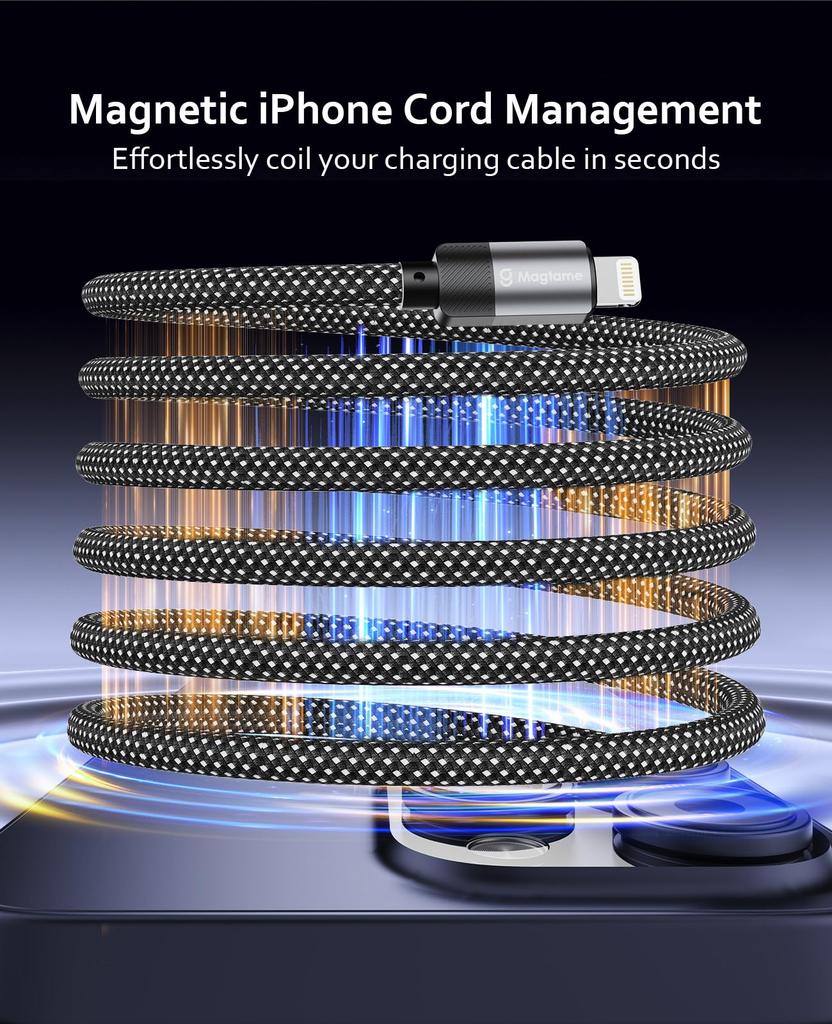 Magtame Lightning Cable with Magnetic to Metal iPhone Charging MFi Dual Fast Compatible with iPhone and More 1.5M USB-C, Auto-Retracting, Type-C