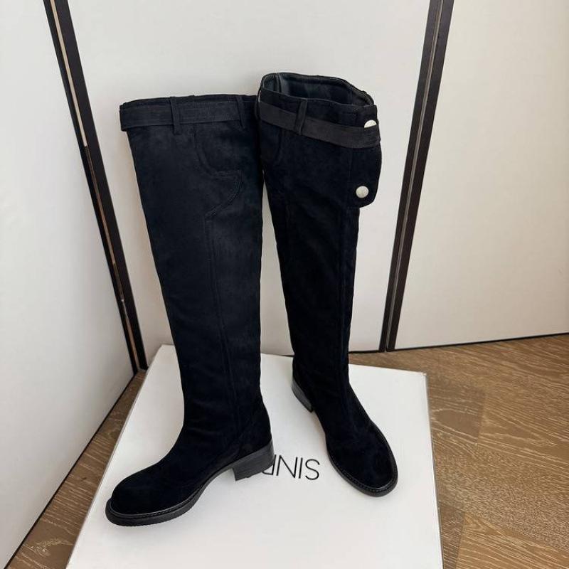 New Versatile Leather Knight Boots Large Size Women's Boots Sleeve Middle Heel Autumn and Winter Round Head Large Tube Circumference Thick Leg Hig