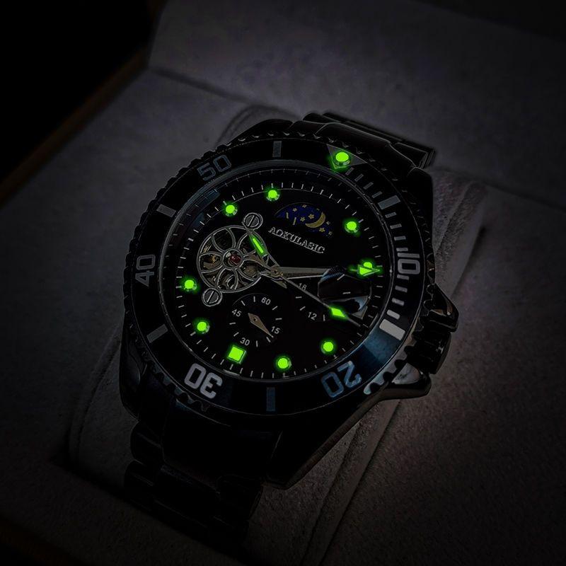 Luxury Moon Phase Skeleton Automatic Watch for Men Luminous Fashion Sports Tourbillon Mechanical Watches Stainless Steel Strap