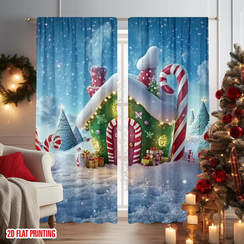 2 Stück 2D-Flachdruck Frohe Weihnachten Beliebte Fenstergardinen Weihnachtsmann und Zuckerstange Vielseitig Langlebiges Polyester Ohne