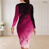 Women Plus Size Round Neck Long Sleeve Black Teal Gold Printed Bodycon Midi Dress
