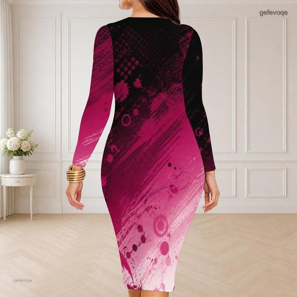 Women Plus Size Round Neck Long Sleeve Black Teal Gold Printed Bodycon Midi Dress