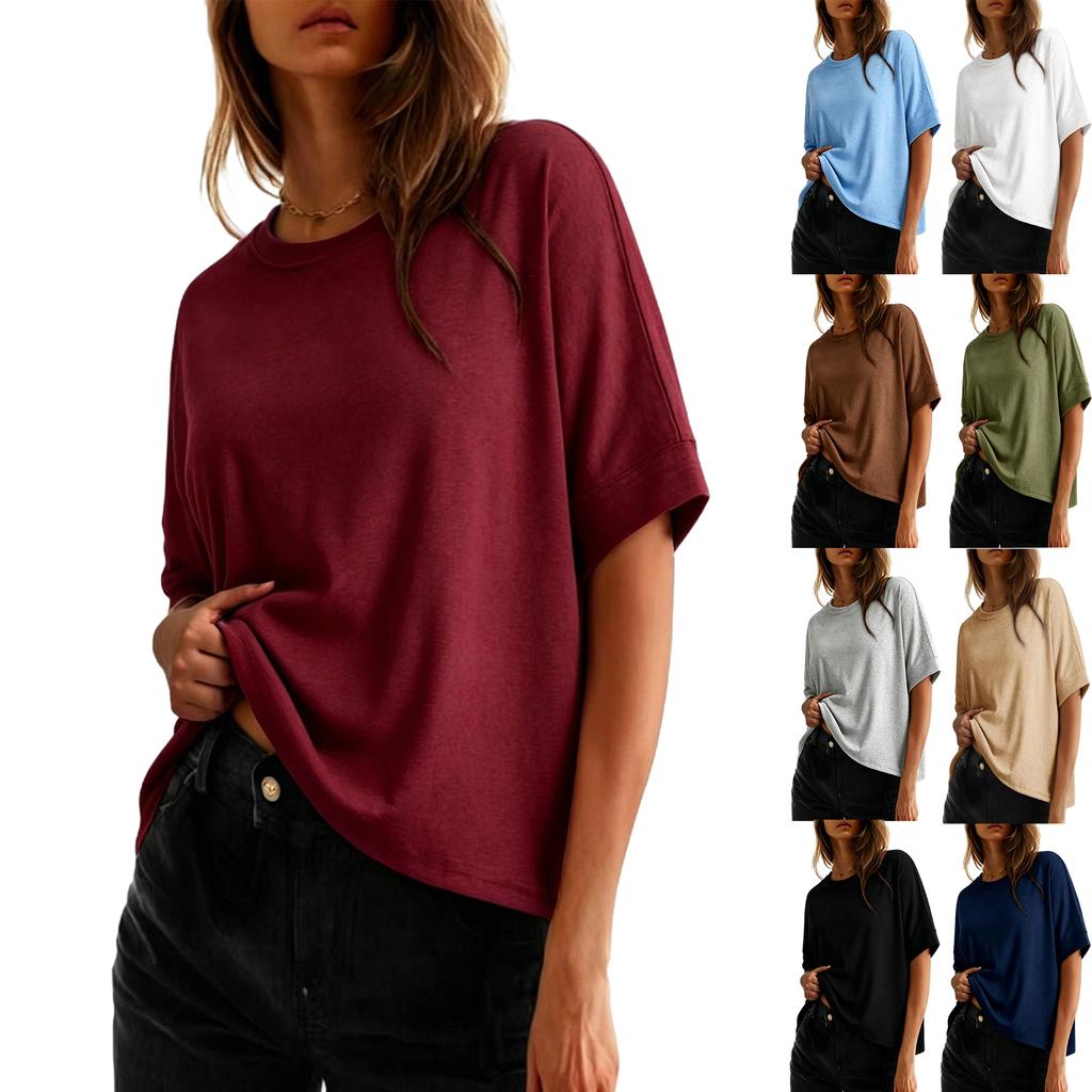 Ladies' Basic Fashion Color Short Sleeve Round Neck T-Shirt Casual Pullover Top for Everyday Wear and Daily Use