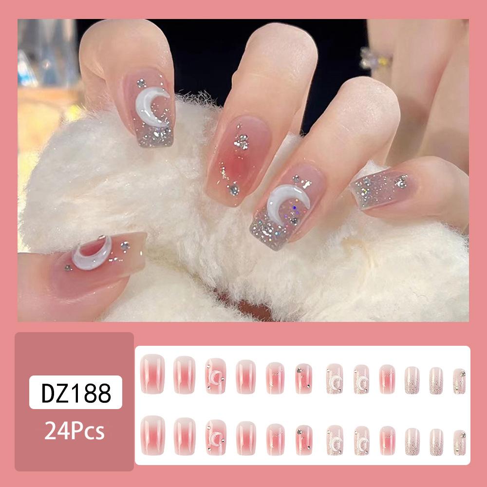 

24 шт., милые накладные ногти для девочек, блестящие розовые накладные ногти с бриллиантами для женщин и девочек, инструменты для красоты ногтей, прочный клей, стиль