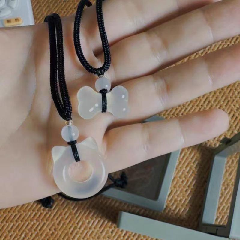 Natural White Agate Cat Ear Ring Pendant - Cute Lychee Jelly Accessory