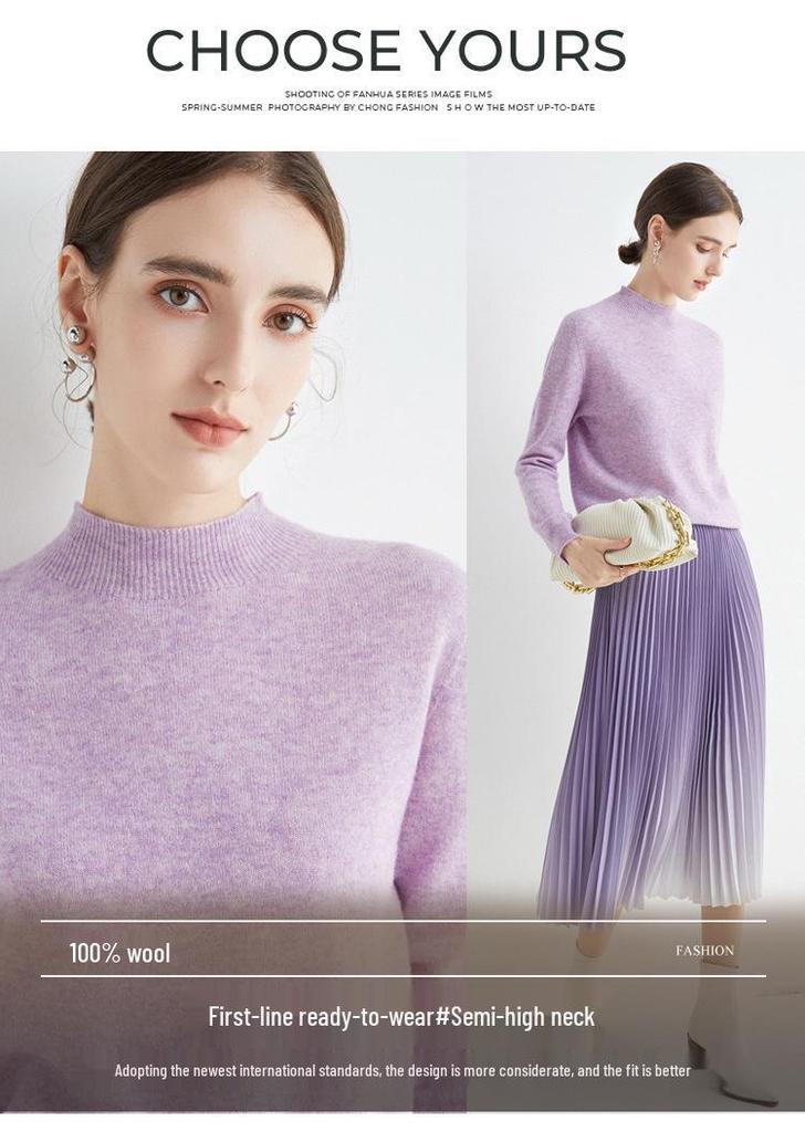 Women's Slim-Fit Autumn Sweater: Fashionable Half-High Neck, Versatile Pure Wool for Base Layer or Outerwear, Skin-Friendly