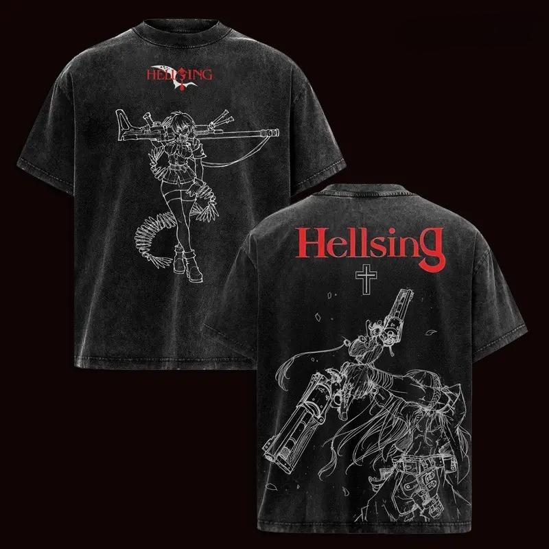 Anime Hellsing Alucard Graphic T Shirt Men Casual Short Sleeve Clothing Oversized Tshirt Washed Cotton Tee Harajuku Male T-shirt