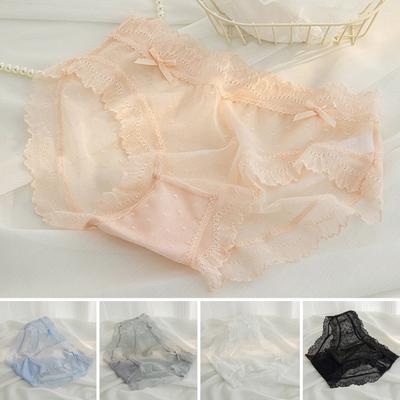 Frauen Sexy Spitze Nähte Bowknot Dekor Slips Low-rise Dünne Durchsichtige Mesh Nahtlose Höschen Unterwäsche