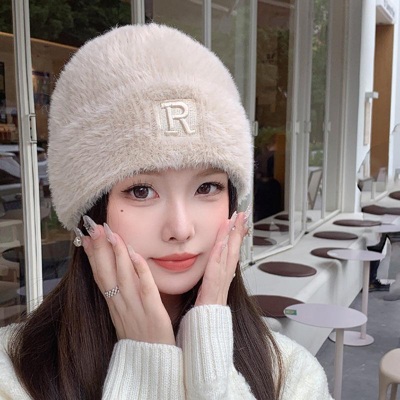 Korean New Winter Hat for Women's Big Head Wing Letter Wool Hat Imitation Mink Hair Autumn and Winter Warm Knit Hat Trend
