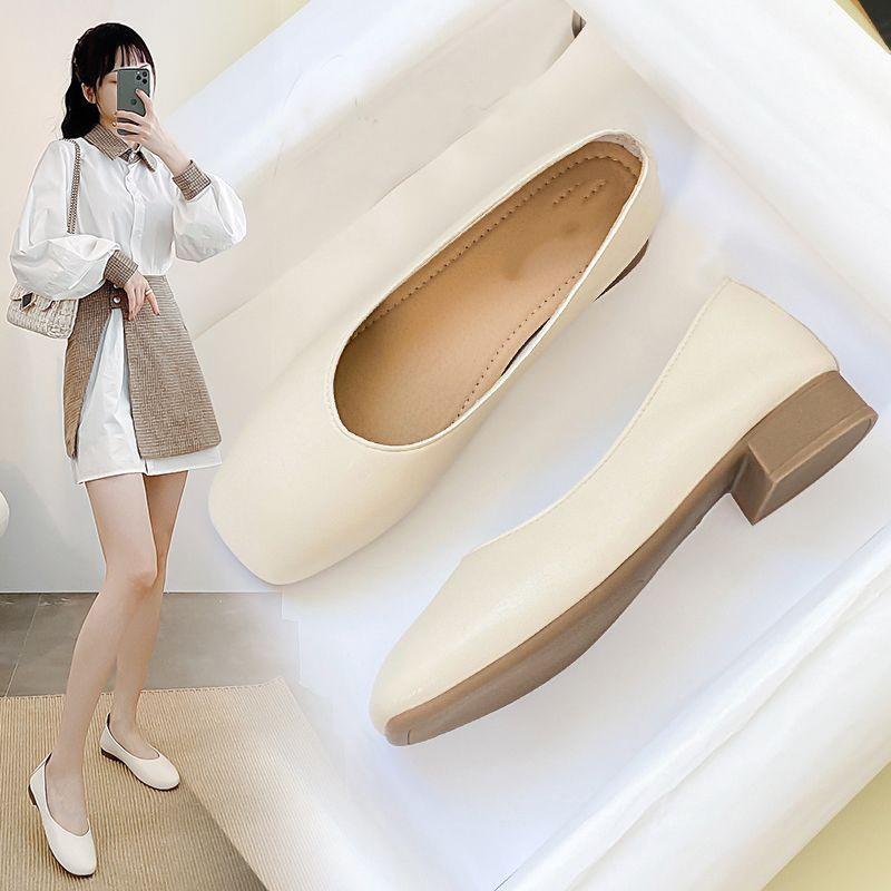 Single shoes women's 2025 new thick heel square head versatile light mouth low heel one pedal French soft leather one pedal grandma shoes