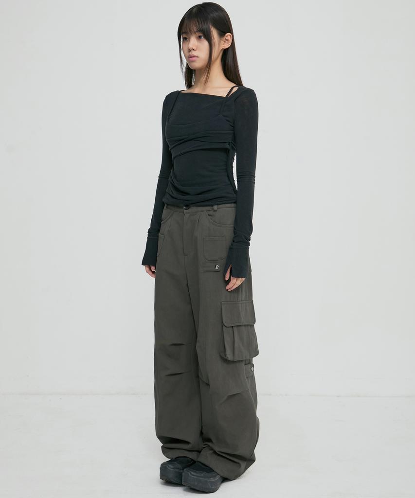 Peulleeoeob Wide Cargo Pants (Fl-262_Grayish Khaki)