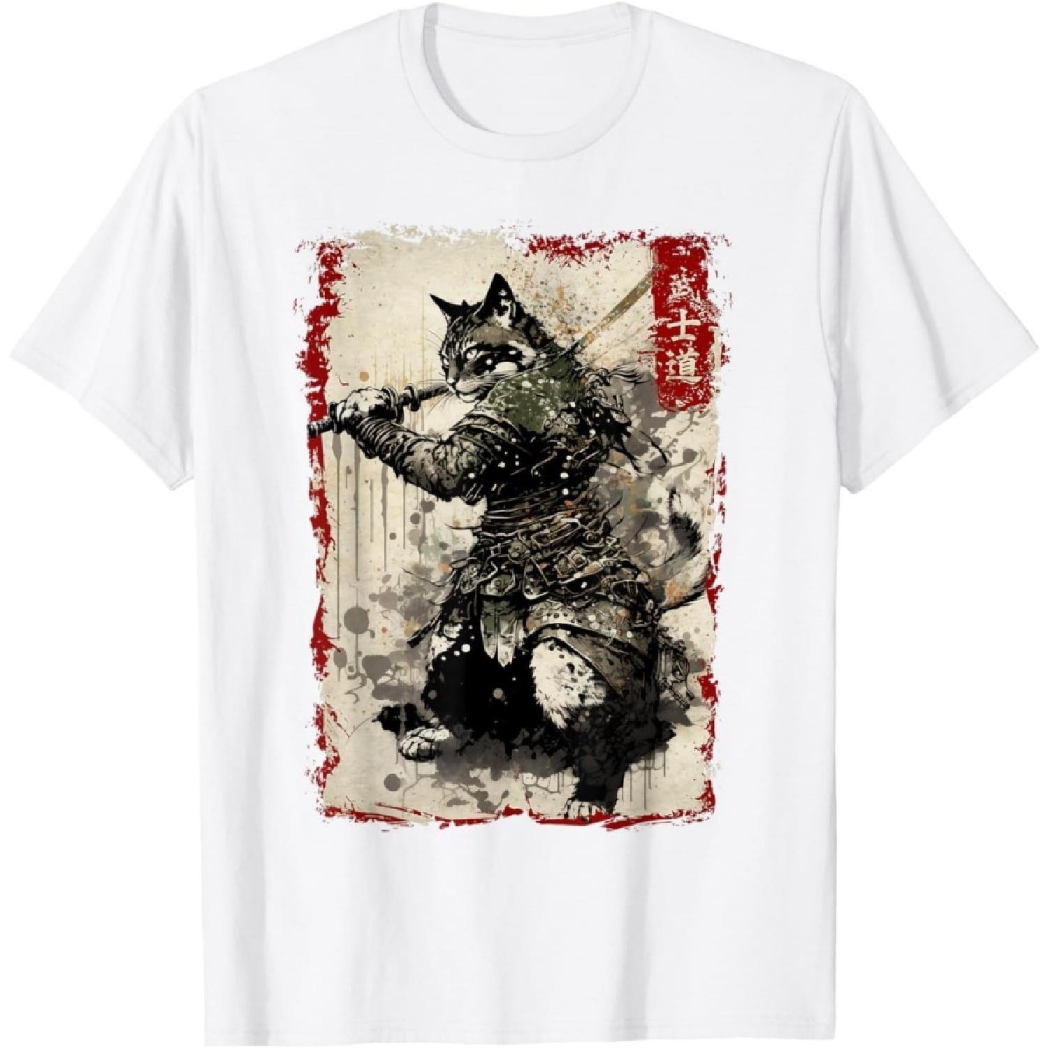 DCOJUZBO Samurai Cat Graphic Tee Warrior Vintage Japanese Art Anime T-Shirt S