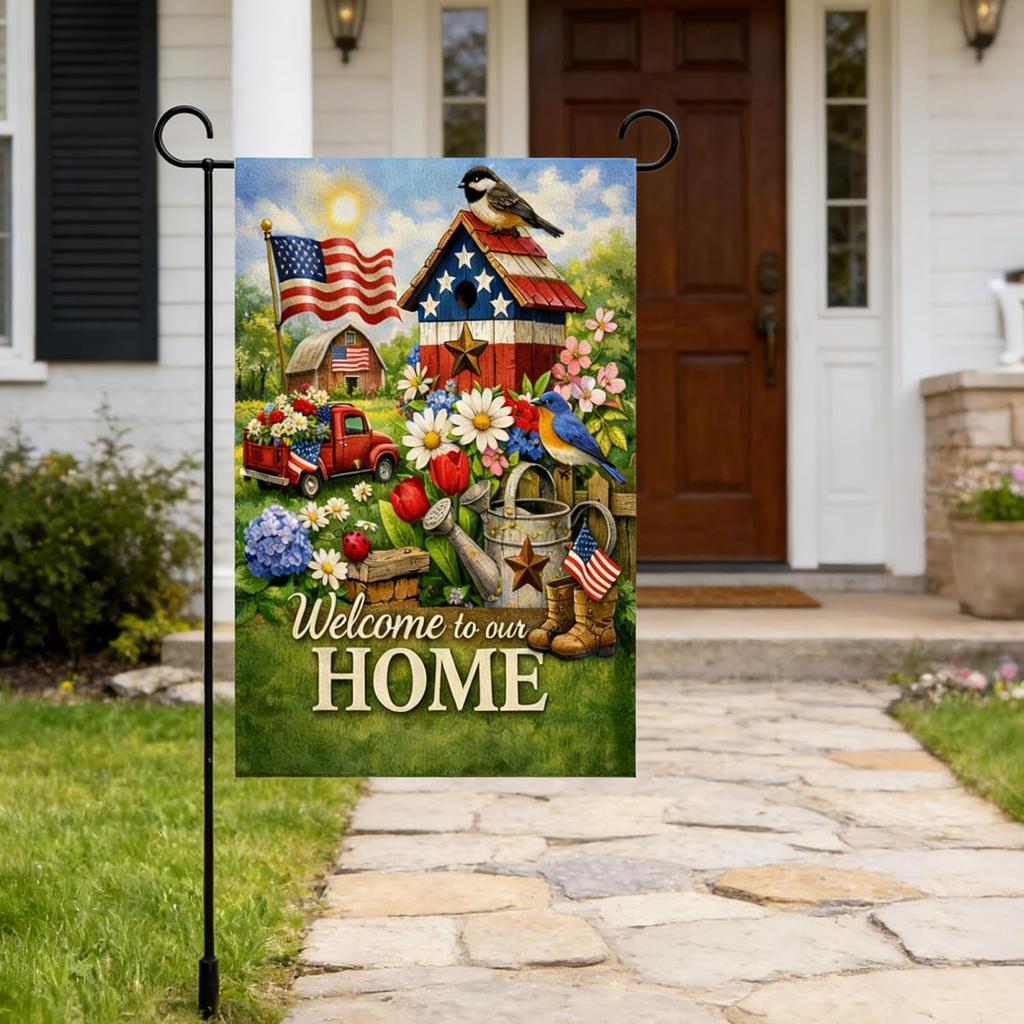 Spring Summer Garden Flag Farmhouse Outdoor Decor – 12x18 Double Sided Yard Flag with American Flag, Flowers, Birds & Bi