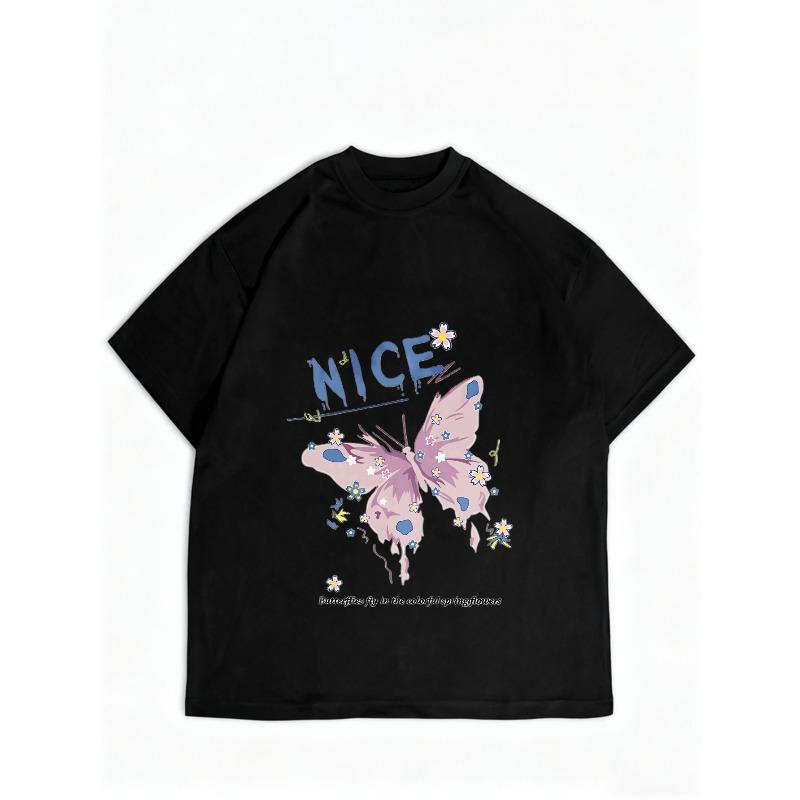 Damska koszulka casual czarna z nadrukiem motyla i kwiatów, ładna grafika na wiosnę, do noszenia na co dzień