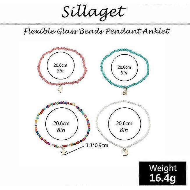 Dww-4 Pieces Bohemian Multilayer Beaded Ankle Bracelet Colorful Women's Ankle Moon and Star Pendant Ankle Beads Elastic Foot Bracelet Summer Beach Jew