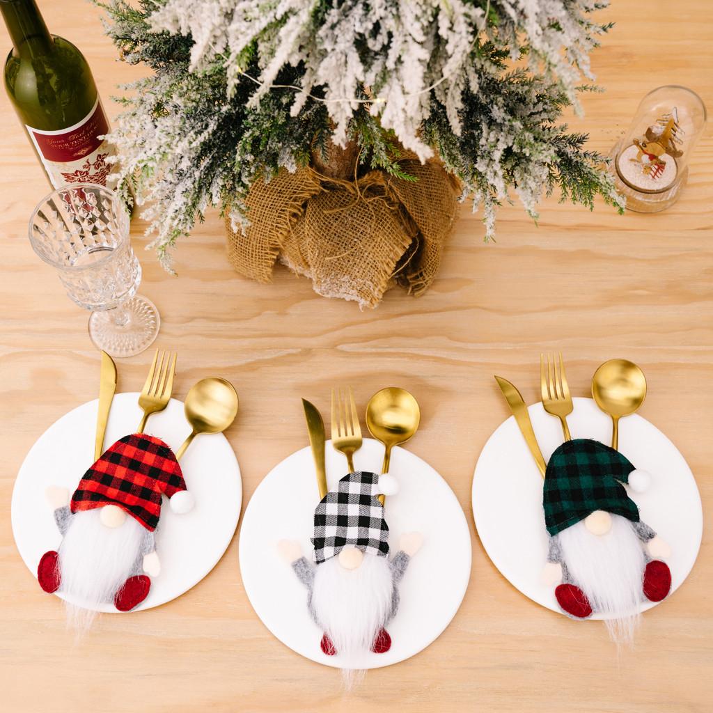 Festive Checkered Hat Gnome Tabletop Ornament With Cutlery Holder Holidays For