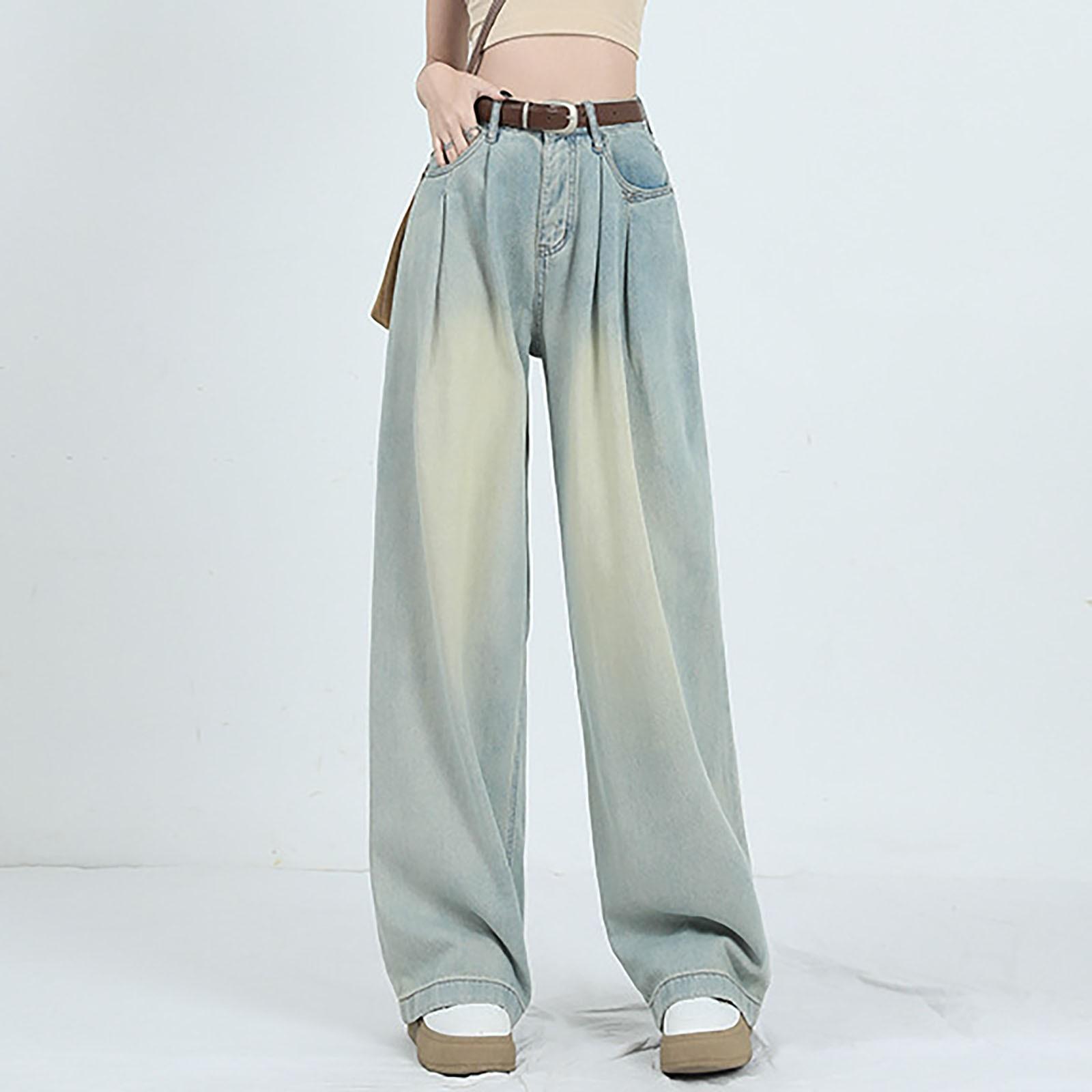 

Женская мода ретро личность потертый старый с высокой талией ретро свободные прямые джинсы XL светло-синий