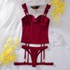 Set lenjerie intimă de damă 3 piese Sexy Push Up Sutien Plasă franceză Respirabil Topuri tip sling Burgundy Lenjerie intimă Sutiene și tanga cu bretele pe picior
