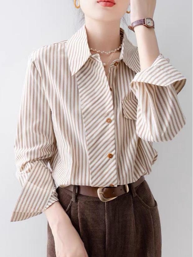 Chic Retro Striped Long-Sleeve Shirt for Women - 2025 Autumn Commuter Style
