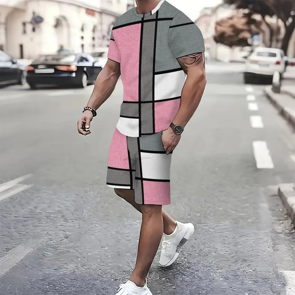 Men Gold White Geometric Triangle 3D Print Short Sleeve Tee And Matching Shorts Two Piece Outfit