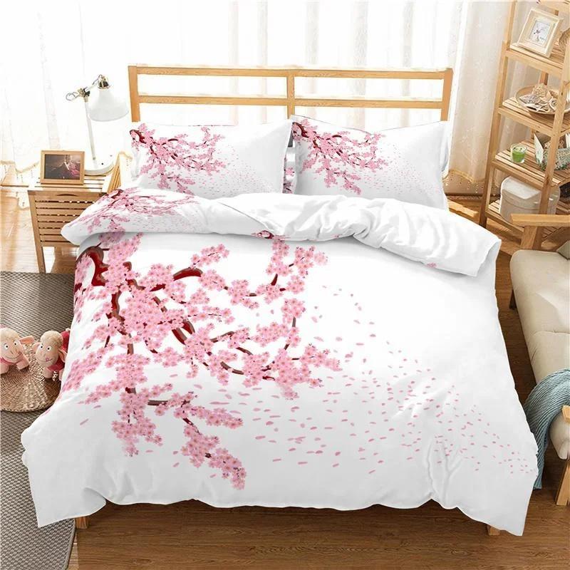 Plum Blossom Red Flower Floral Comfortable Duvet Quilt Cover Pillowcase Bedding Set Children Bedroom Decoration Home Textile