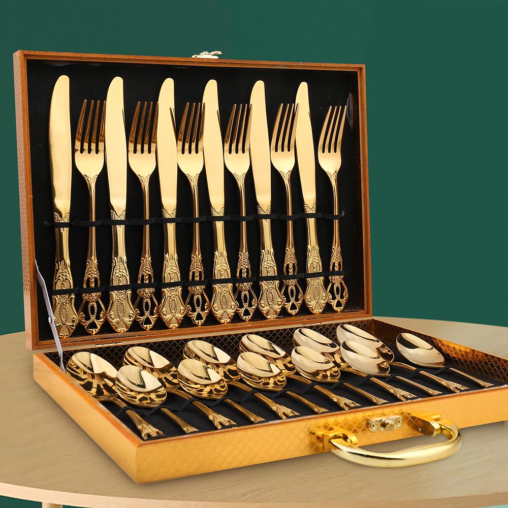 European Style Stainless Steel Embossed Cutlery Set - 24-Piece Gift Box with Steak Knife and Fork.