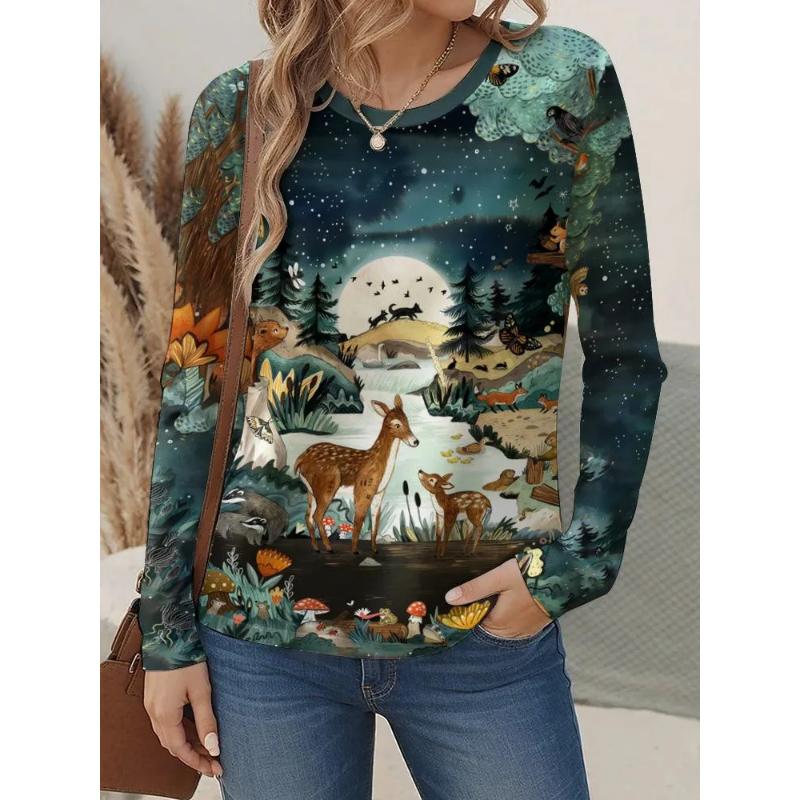 Fashion Women's Crew Neck Long Sleeve 3D Floral Color Printing Floral Long Sleeve Crew Neck T-Shirt