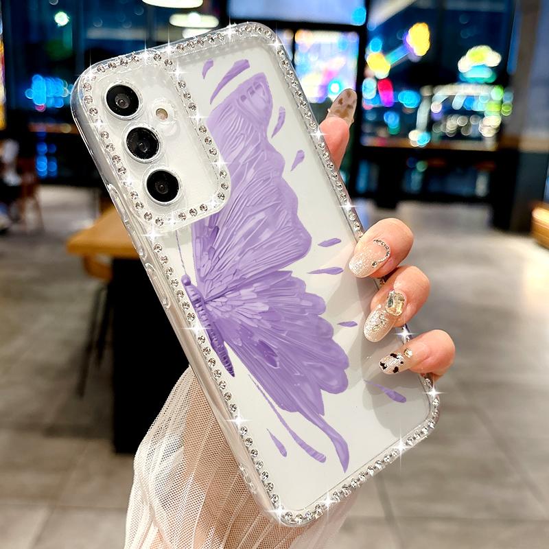 Butterfly Pattern Clear Phone Case For Samsung S25 Ultra S24 FE S23 S22 A56 A36 A16 A15 A55 A35 Diamond Frame Shockproof Soft Silicone Cover