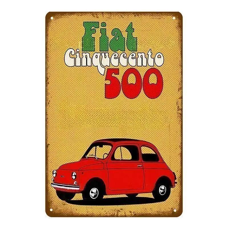Sinais de Lata de Metal Vintage Clássico Fiat 500 Pôster de Metal Decoração de Arte de Parede Pôster Decoração de Parede para Casa Café Bar Pub Pôster Arte em Metal de Carro