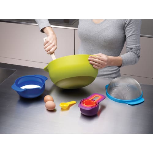 Joseph Joseph Nest 9 Plus 9-Piece Measuring Cup, Bowl, Drainer, and Measuring Spoon Set, Dishwasher Safe, Stackable, BPA-Free, Rainbow Colors [Authent