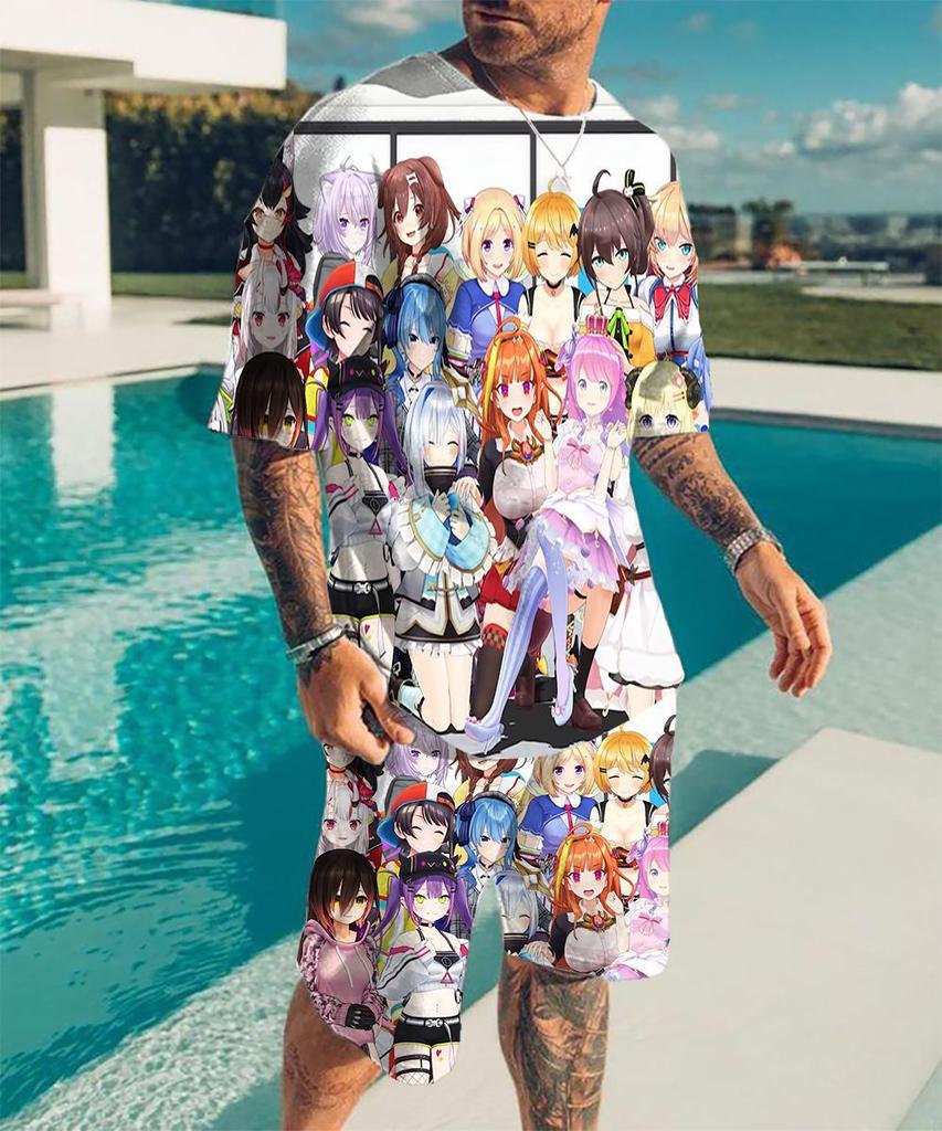 European and American cross-border new animation 3D digital original god printing men's T-shirt shorts set wholesale, short-sleeved set