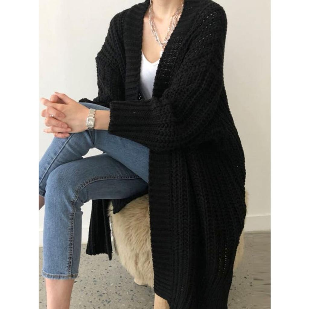 Women's Solid Color Long Open Knit Cardigan, Fashion Vacation Sweater Coat for Autumn Winter