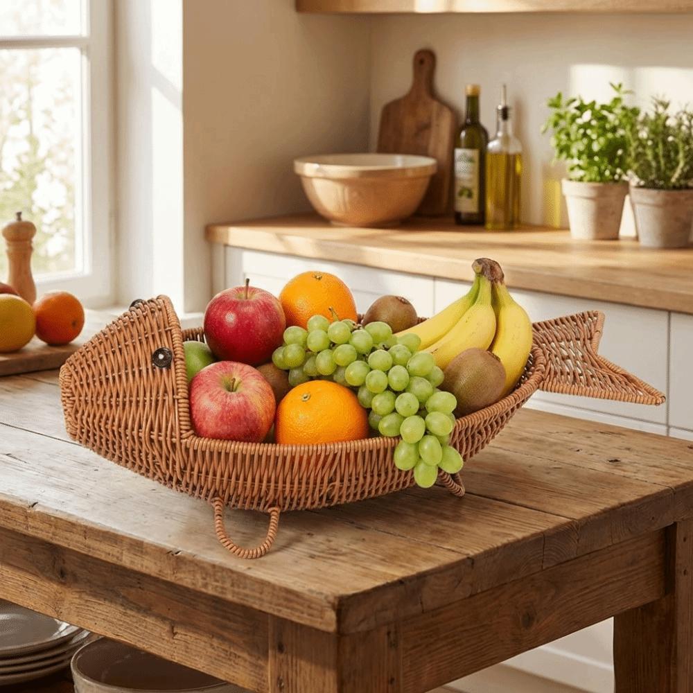 Plastic Snack Fruit Plate Fish Shape Woven Storage Basket Durable Bread Basket  Dining Table