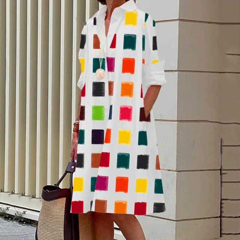 

GMXIA Весенняя мода темпераментный горошек принтованный воротник рубашка длинный рукав карман миди платье XXL разноцветный