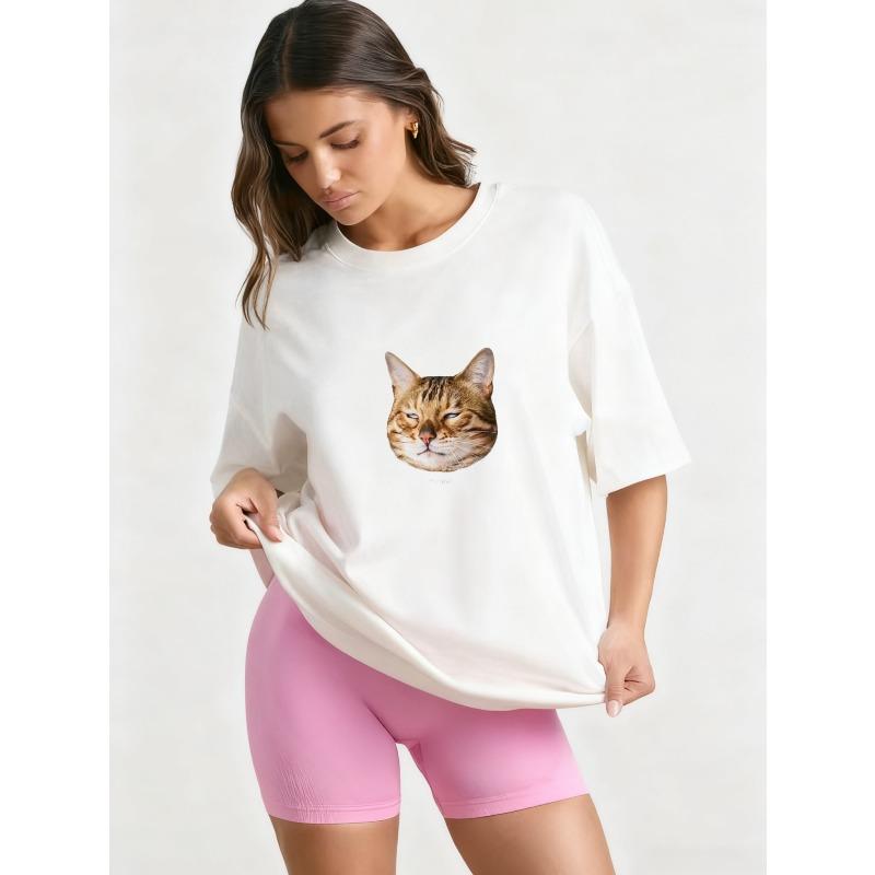 Übergroßes T-Shirt Schwarze Katze Gesicht Print Und Text Grafik-Tee Für Freizeitkleidung