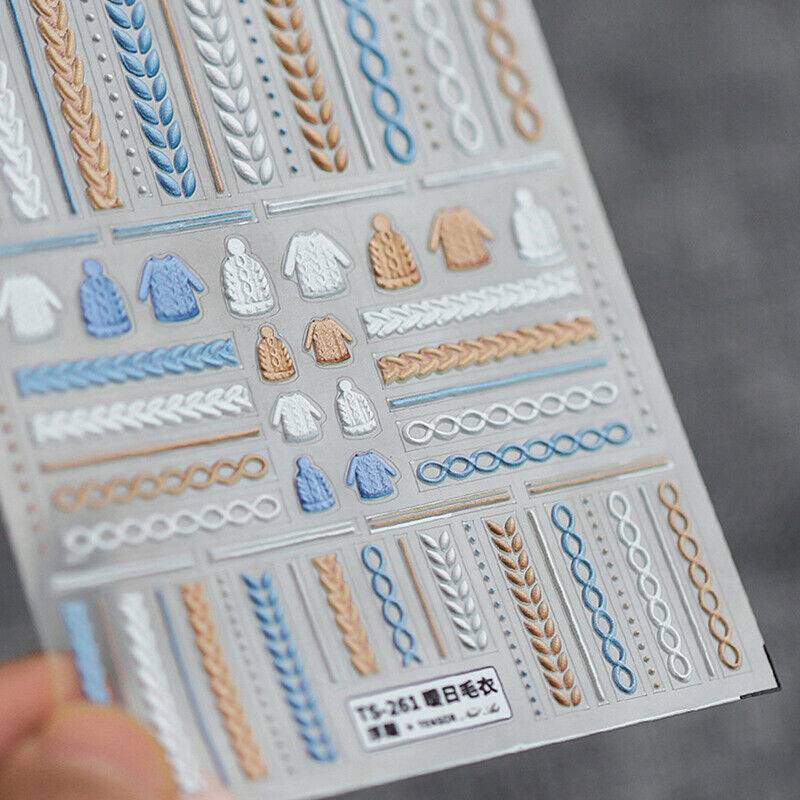 Decals Nail Sweater Cloth 5D Nail Stickers Embossed Winter Knit Art Decorati