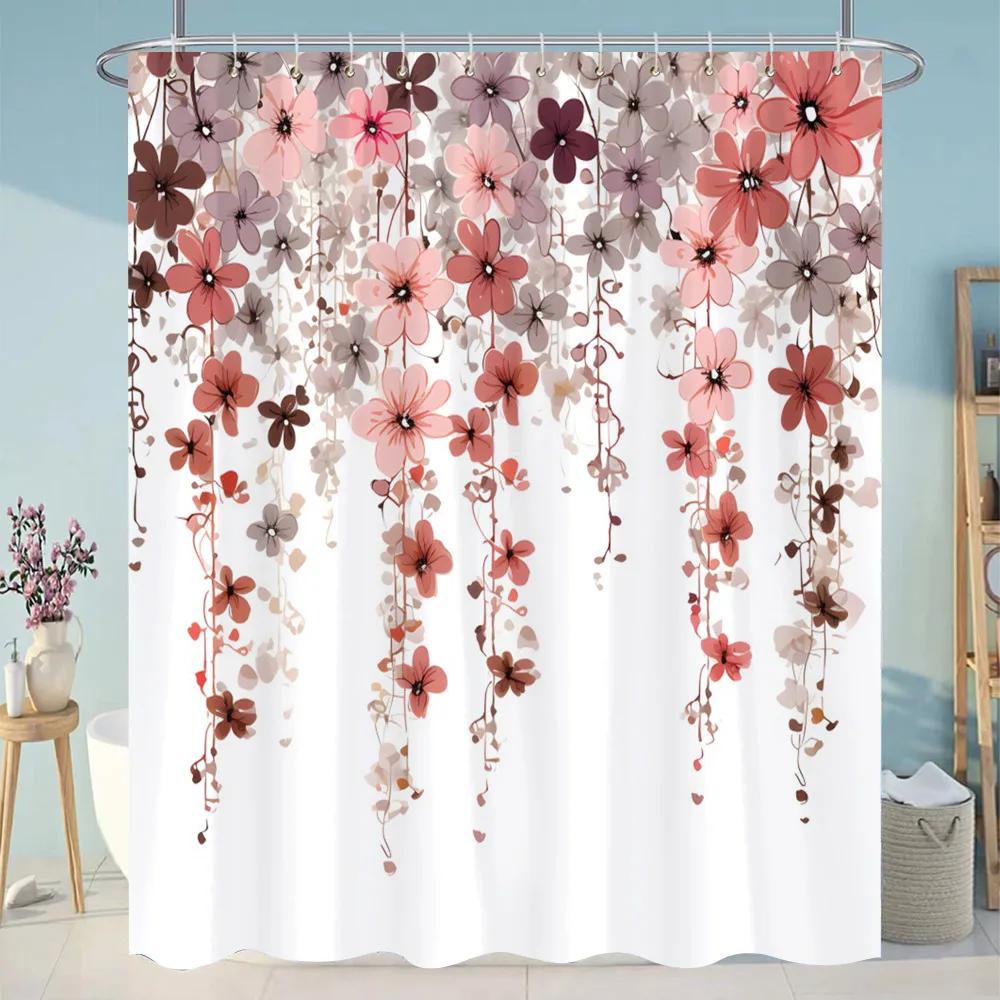 Botanical Flower Shower Curtain Colourful Flowers Green Leaves Watercolour Art Creative Polyester Shower Curtains Bathroom Dec