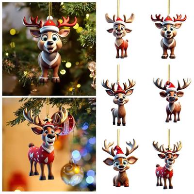 Weihnachten Hirsch Anhänger Acryl 2D Flache Rentier Hängen Ornament Cartoon Santa Hut Rentier