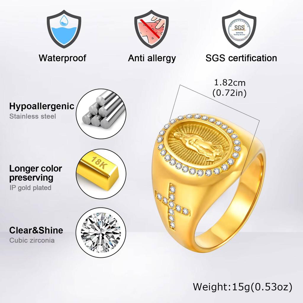 Vnox Men's Stainless Steel Virgin Mary Cross Ring with Easter Card, Gold Color Zircon Thumb Ring, Chunky Religious Jewelry Gifts