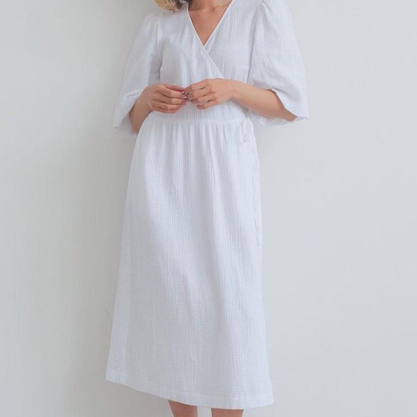 French Sweet Atmosphere Solid Color Long Dress V-neck Puff Short Sleeve Tie Dress