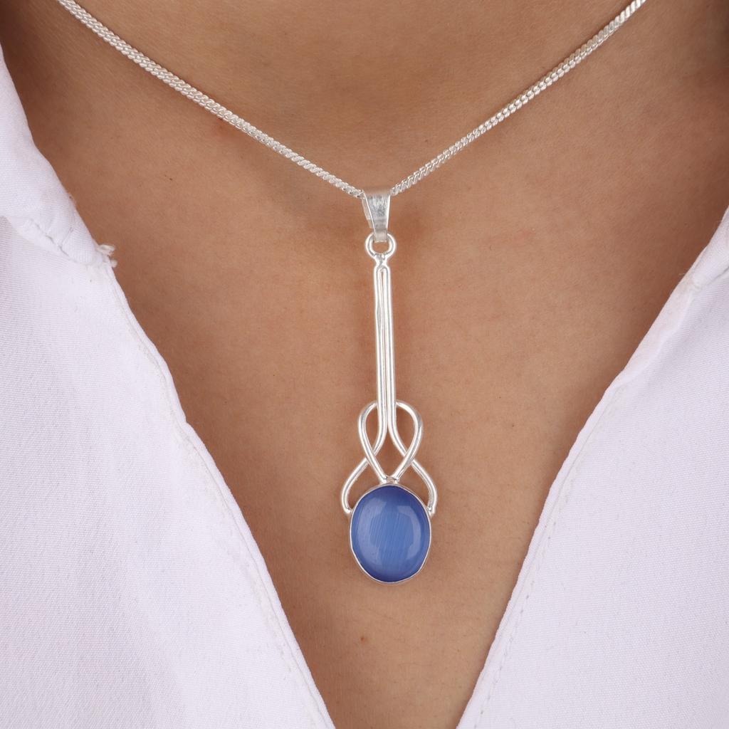Natural Dark Blue Cat's Eye Gemstone 925 Sterling Silver Jewelry Pendant 1.79" PP-60-45