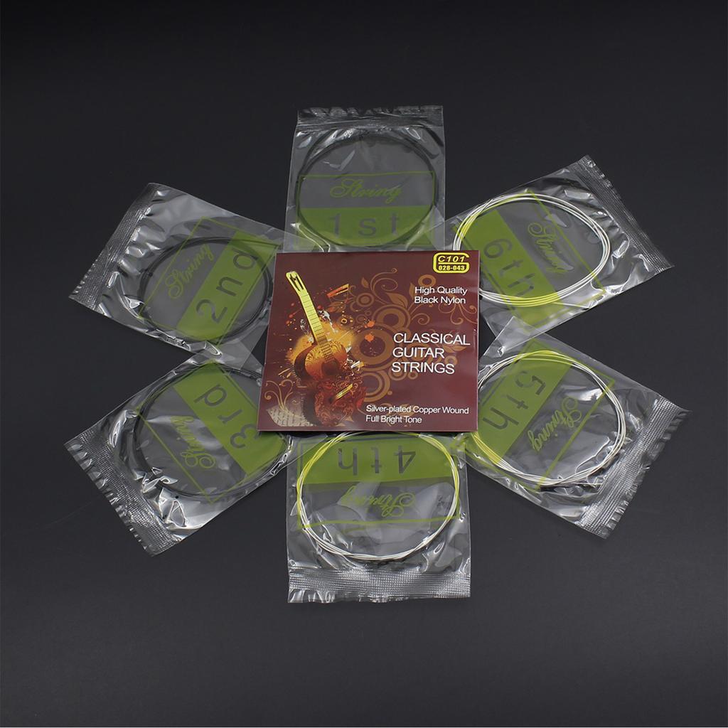 Black Nylon Core Silver Plated Copper Wound 1st 6th(.028 .043) 6pcs Classical Guitar Strings String Set