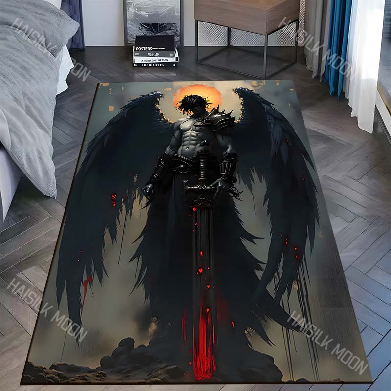 Dark-winged warrior holding sword Print Carpet Rug for Living Room Bedroom Sofa Doormat Home Decor Non-slip Floor Mat
